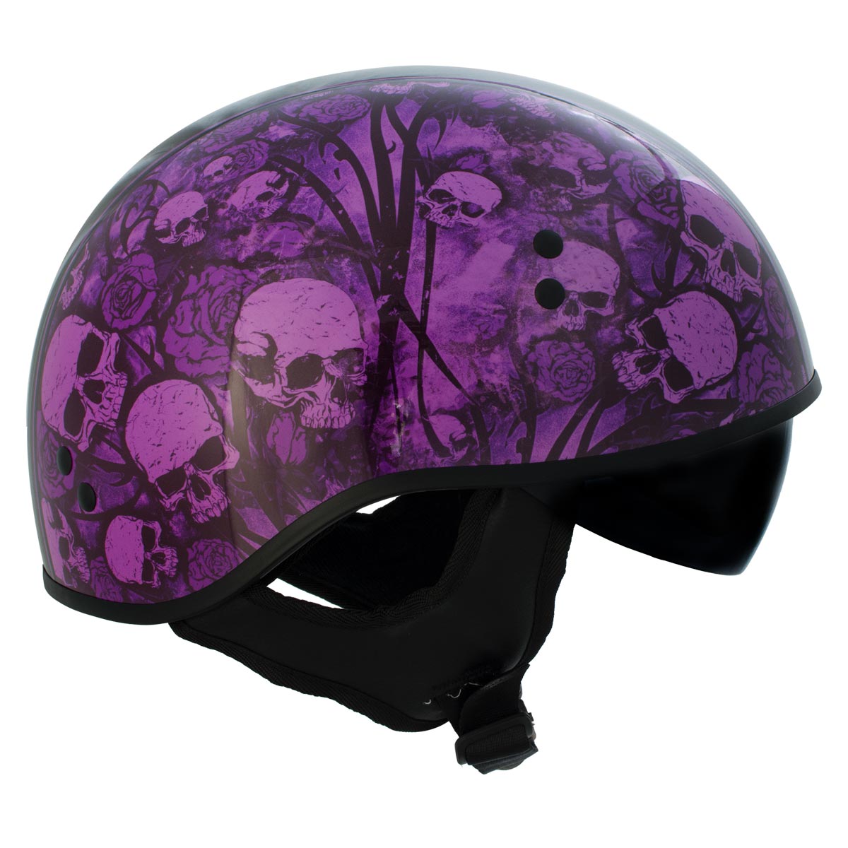 Hot Leathers HLD1039 Gloss Black 'Purple Skull Bouquet' Advanced DOT Helmet with Drop Down Tinted Visor