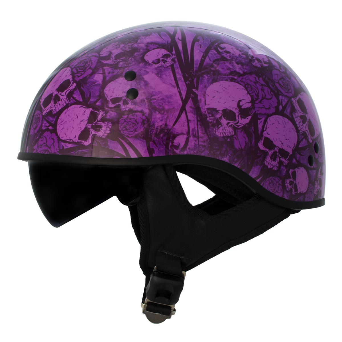 Hot Leathers HLD1039 Gloss Black 'Purple Skull Bouquet' Advanced DOT Helmet with Drop Down Tinted Visor