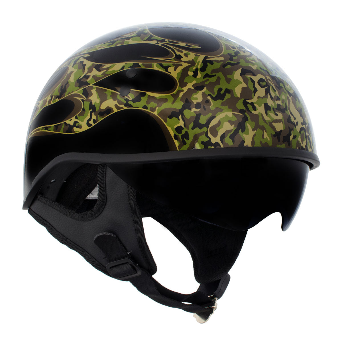 Hot Leathers HLD1047 Gloss Black 'Camo Skull Flames' Advanced DOT Skull Helmet with Drop Down Tinted Visor with Drop Down Tinted Visor