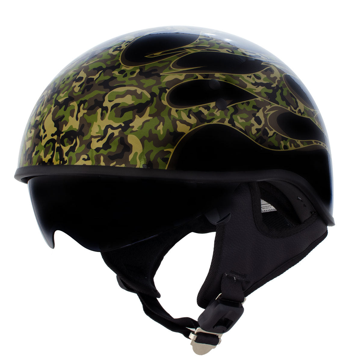 Hot Leathers HLD1047 Gloss Black 'Camo Skull Flames' Advanced DOT Skull Helmet with Drop Down Tinted Visor with Drop Down Tinted Visor