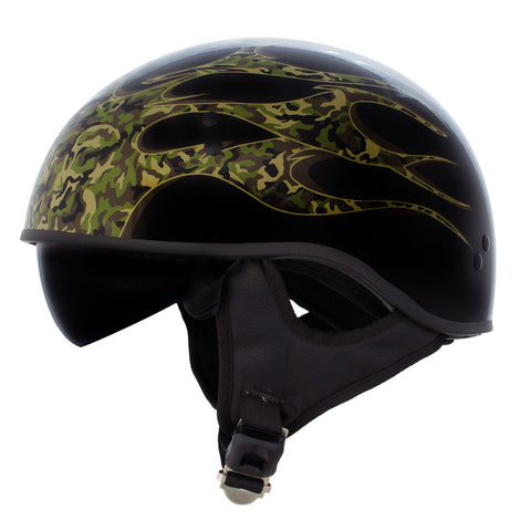 Hot Leathers HLD1047 Gloss Black 'Camo Skull Flames' Advanced DOT Skull Helmet with Drop Down Tinted Visor with Drop Down Tinted Visor