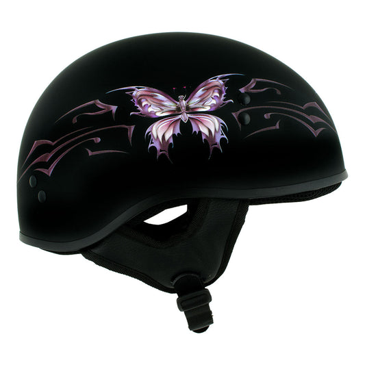 Hot Leathers HLD1052 'New Purple Butterfly' Flat Black Motorcycle DOT Skull Cap Helmet