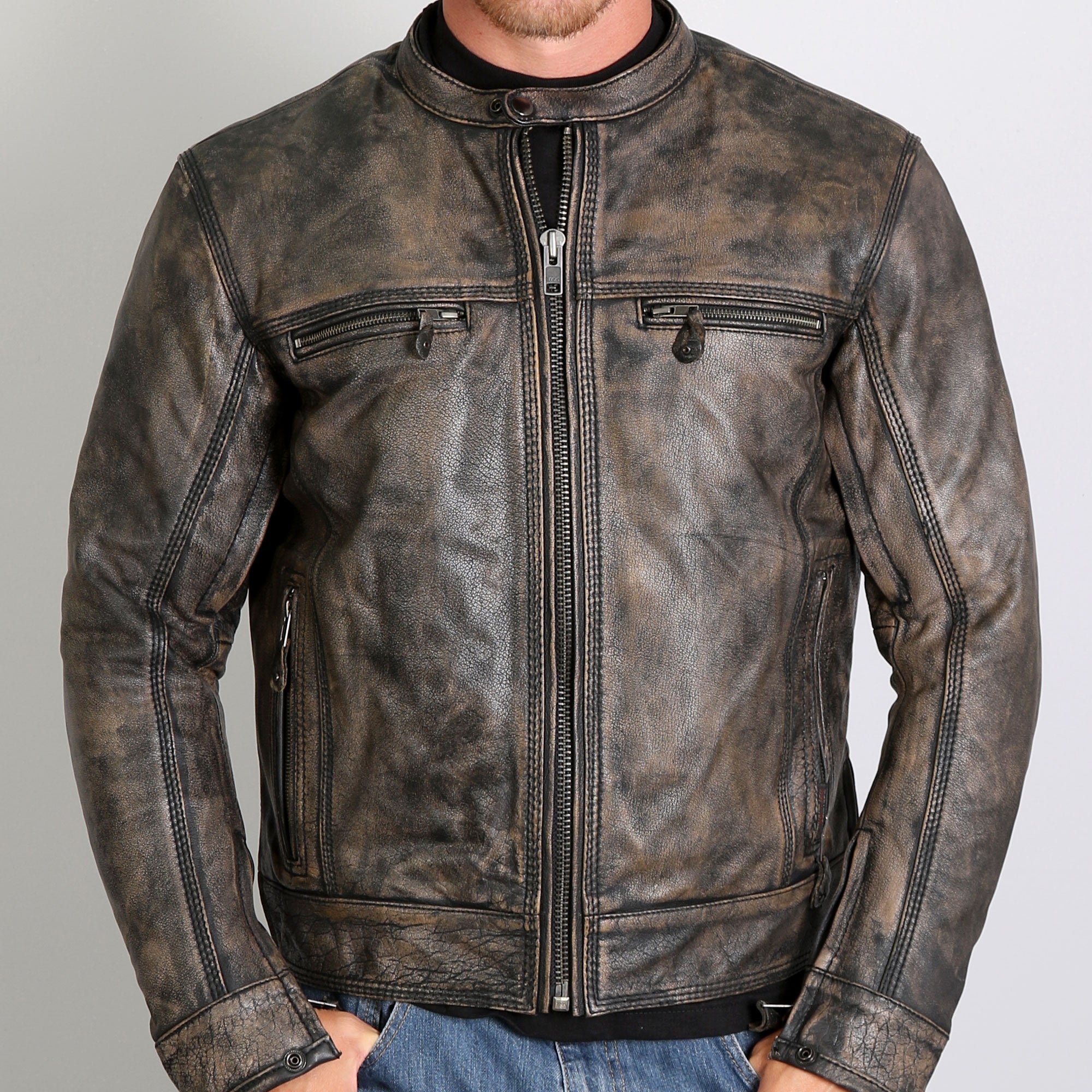 Hot Leathers JKM1019 Men's Distressed Brown Leather Motorcycle Biker Jacket with Gun Pockets
