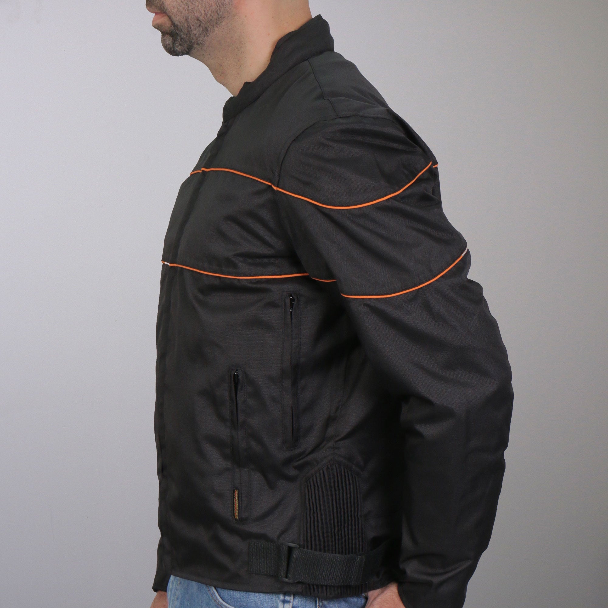 Hot Leathers JKM1026 Mens Black Motorcycle style Nylon Biker Jacket with Orange Reflective Trim