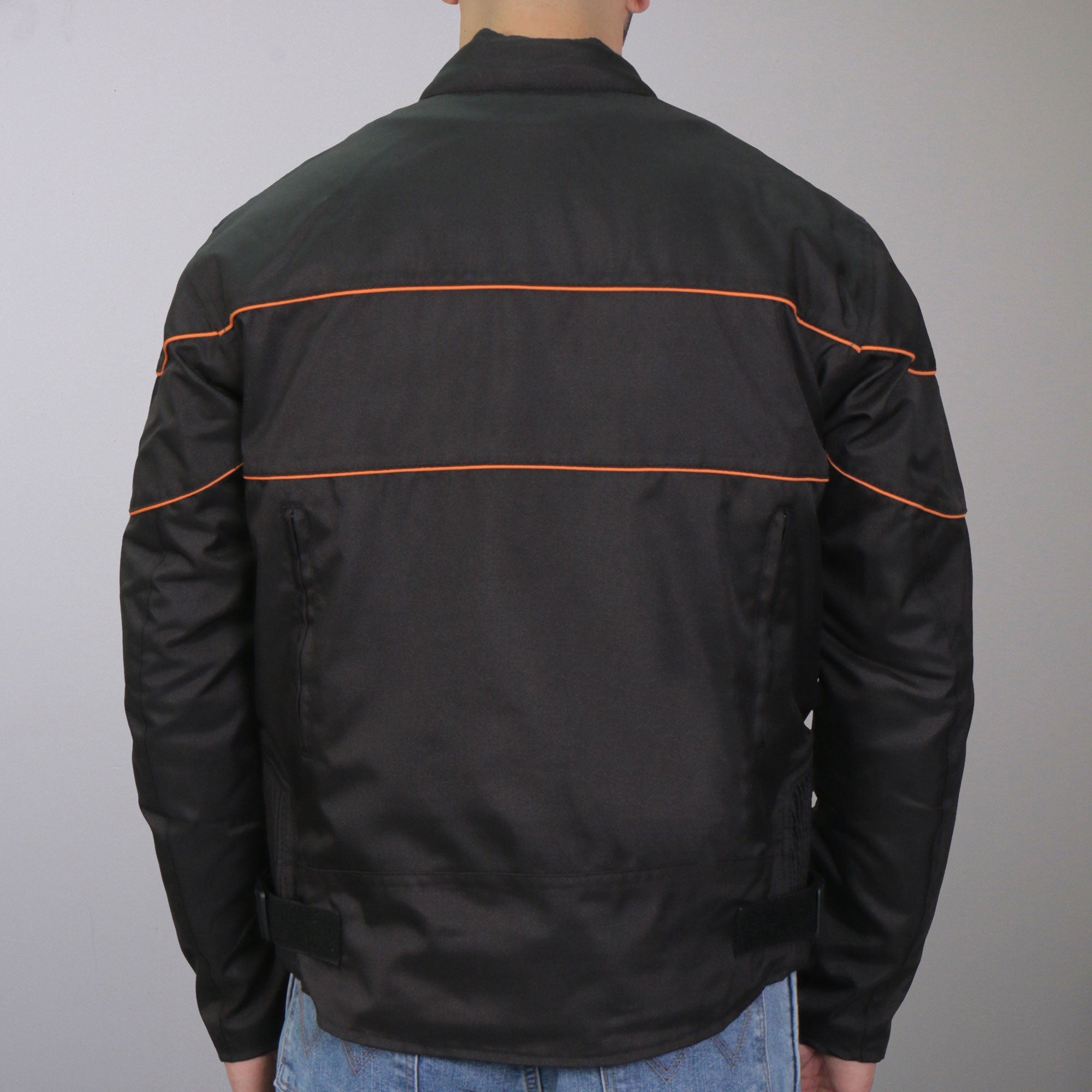 Hot Leathers JKM1026 Mens Black Motorcycle style Nylon Biker Jacket with Orange Reflective Trim