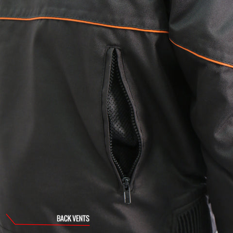 Hot Leathers JKM1026 Men’s Black Motorcycle style Nylon Biker Jacket with Orange Reflective Trim