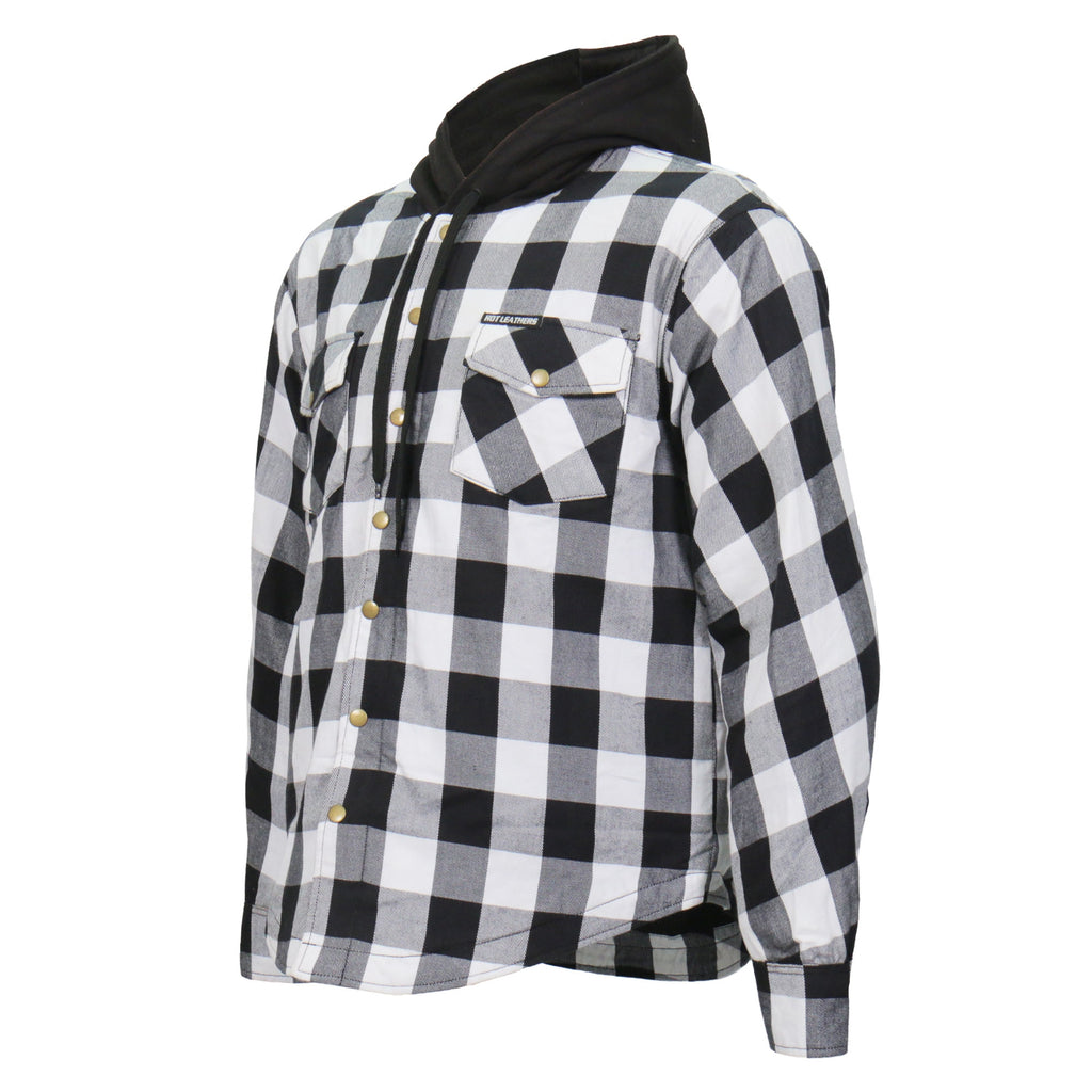 Hot Leathers JKM3006 Mens Motorcycle Black and White Hooded Armored Flannel Biker Jacket