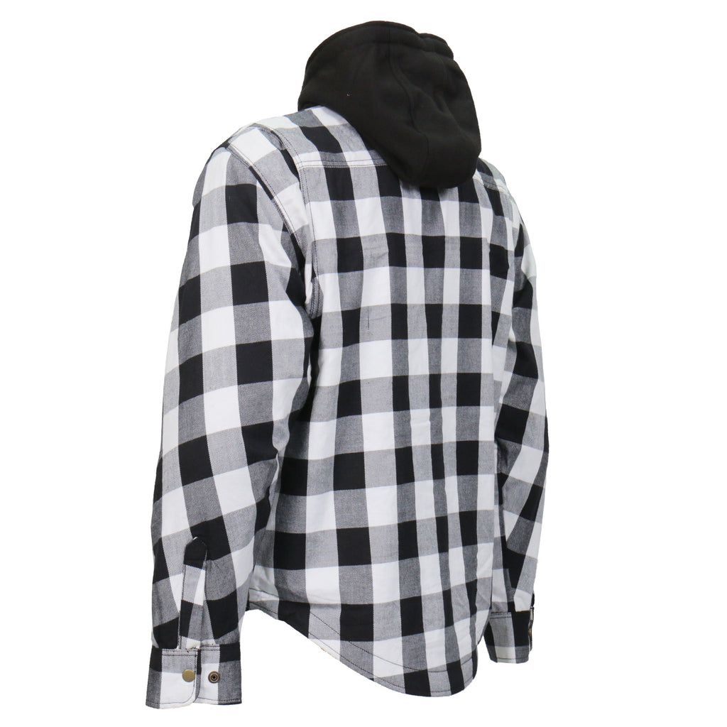 Hot Leathers JKM3006 Mens Motorcycle Black and White Hooded Armored Flannel Biker Jacket