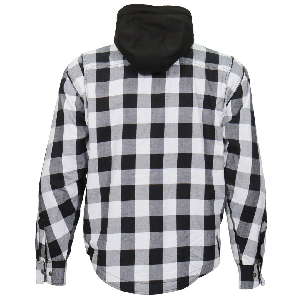 Hot Leathers JKM3006 Mens Motorcycle Black and White Hooded Armored Flannel Biker Jacket