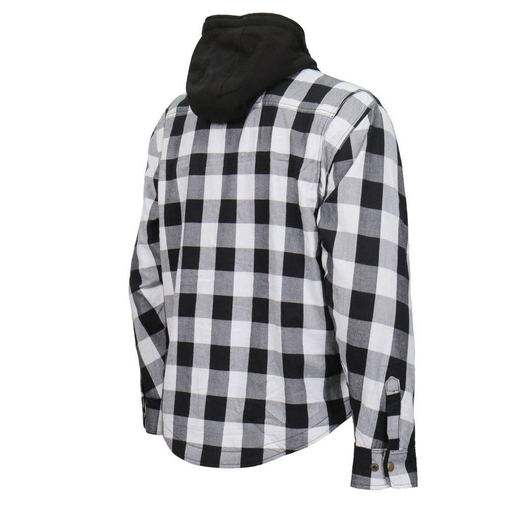Hot Leathers JKM3006 Mens Motorcycle Black and White Hooded Armored Flannel Biker Jacket
