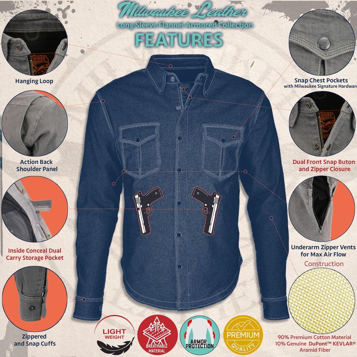Milwaukee Leather MPM1622 Men's Black Waxy CE Armored Denim Long Sleeve Shirt Reinforced w/ Aramid Fibers
