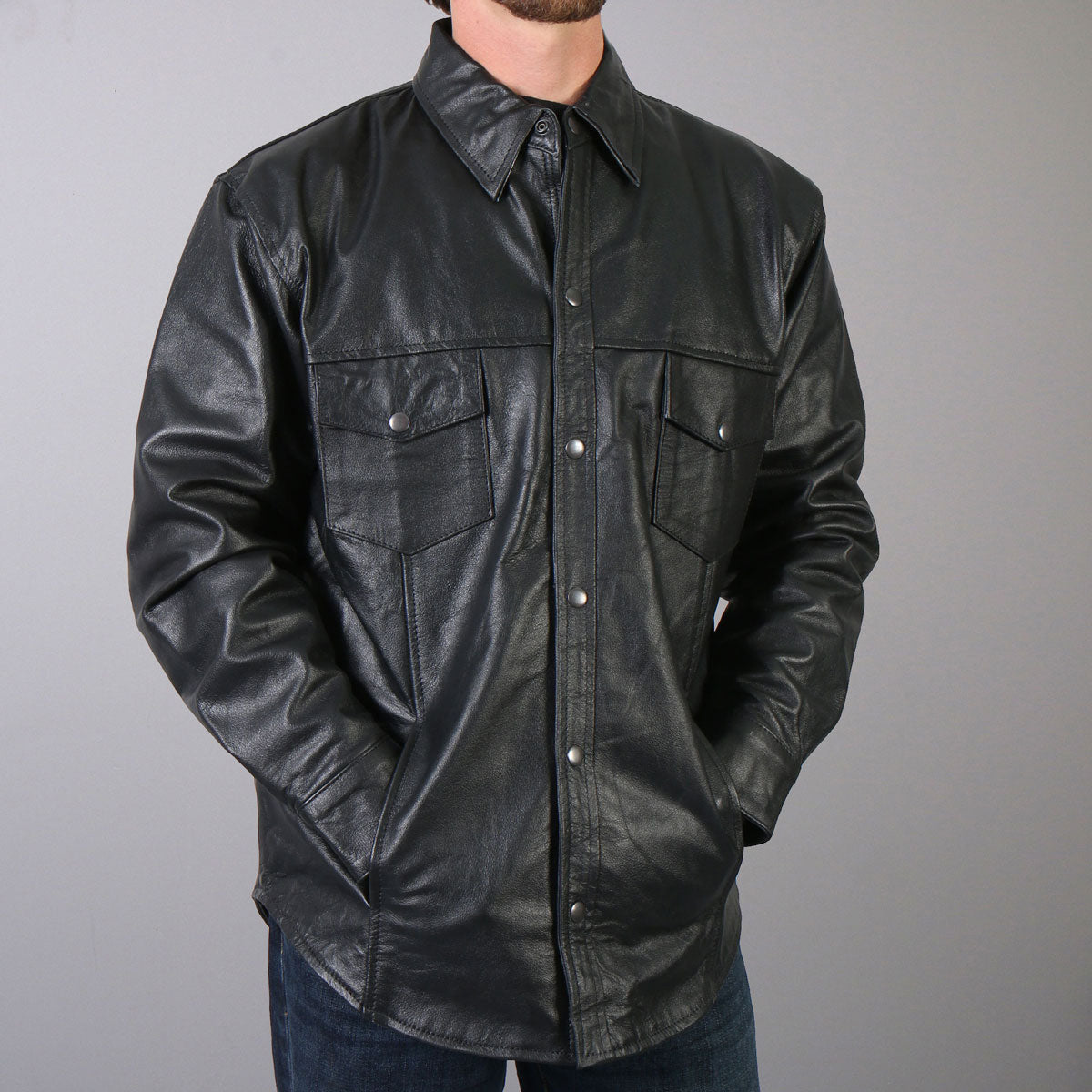 Hot Leathers LCS1001 Mens motorcycle style  Black Leather Biker Shirt