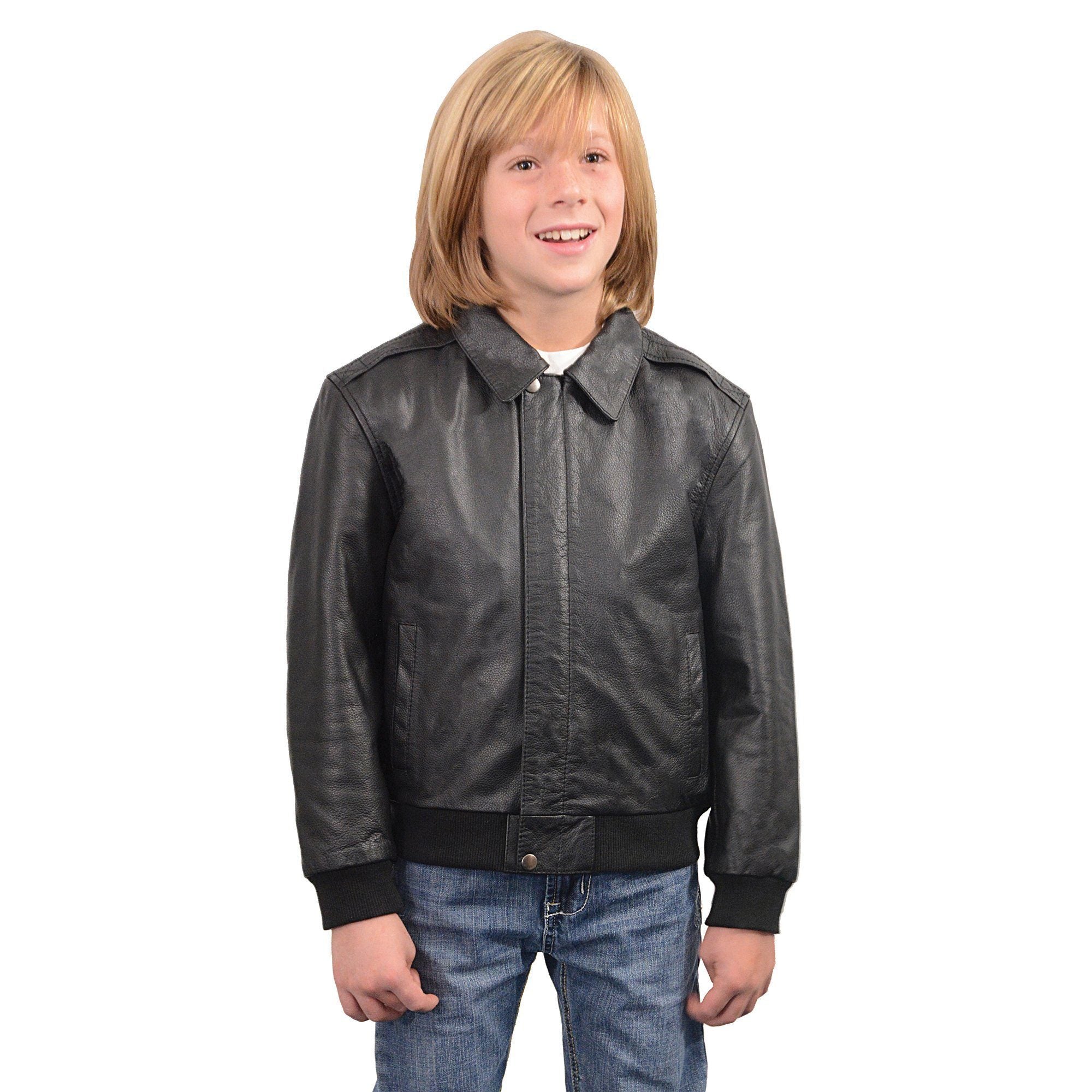 Milwaukee Leather LKK1930 Youth Size Black Leather Bomber Jacket - Milwaukee Leather Boys Leather Jackets