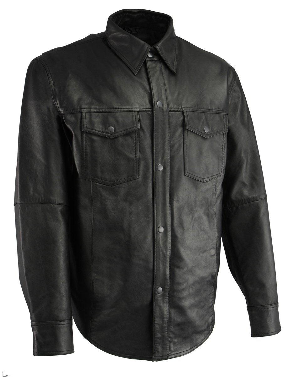 Milwaukee Leather LKM1601 Men's Black Lightweight Snap Front Leather Shirt