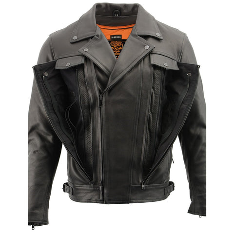 Milwaukee Leather LKM1720T Men's 'Tall Sizes' Black Vented Leather Jacket with Utility Pockets