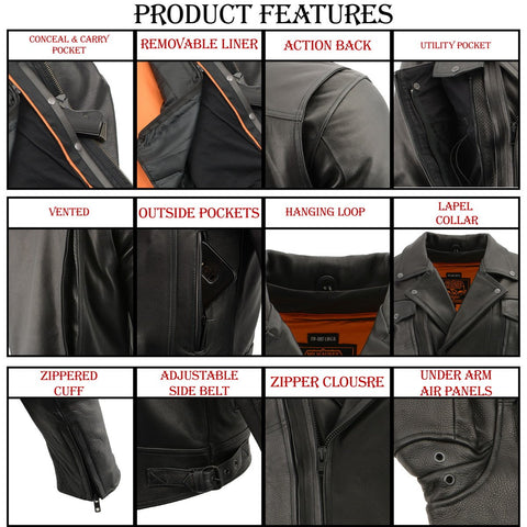 Milwaukee Leather LKM1720T Men's 'Tall Sizes' Black Vented Leather Jacket with Utility Pockets