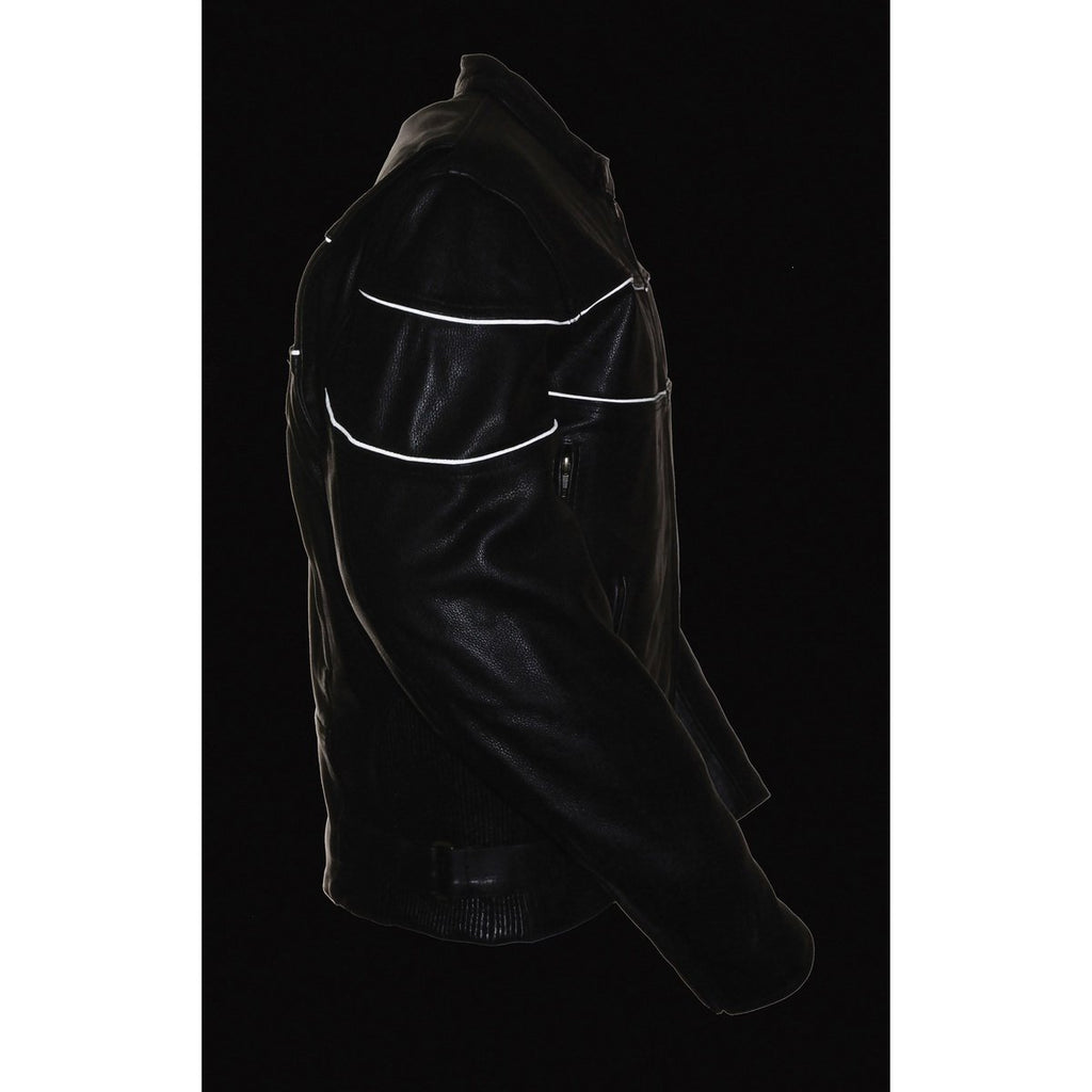 Milwaukee Leather LKM1785 Men's Black Leather Side Stretch Jacket with Reflective Piping - Milwaukee Leather Mens Leather Jackets