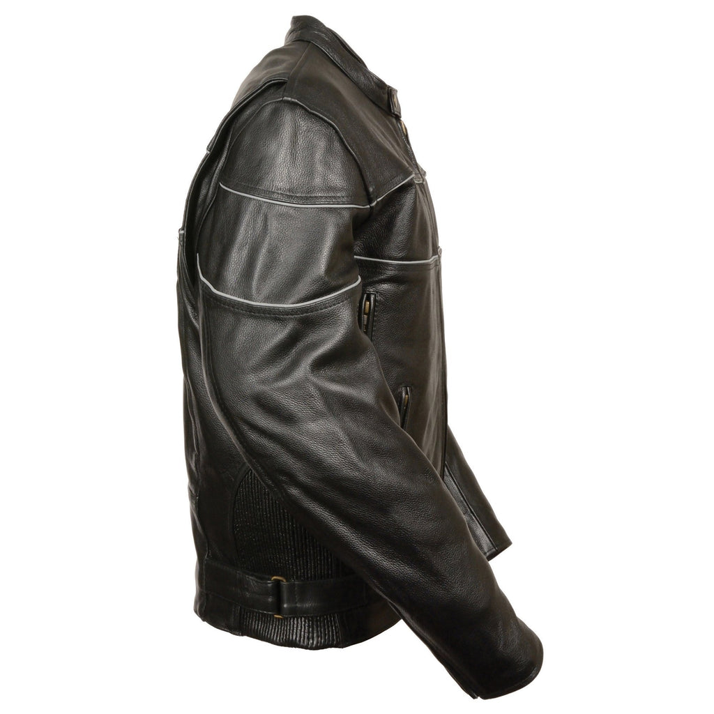 Milwaukee Leather LKM1785 Men's Black Leather Side Stretch Jacket with Reflective Piping - Milwaukee Leather Mens Leather Jackets