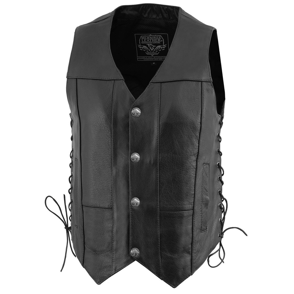 Milwaukee Leather LKM3701 Men's Black Leather Classic V-Neck Motorcycle Rider Vest w/ Buffalo Snaps and Side Laces