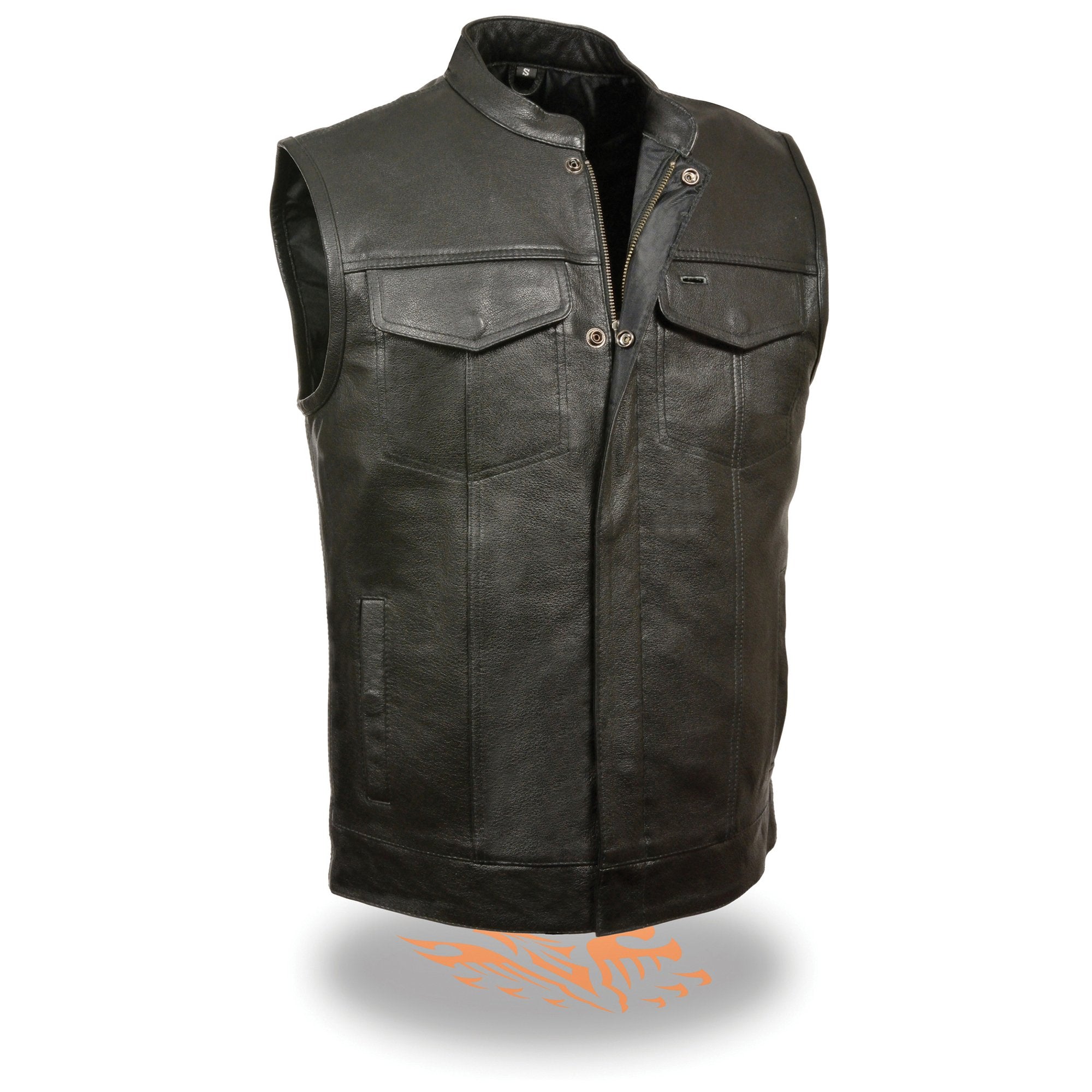 Milwaukee Leather LKM3710 Men's Black Club Style Leather Vest with Open Neck and Gun Pockets - Milwaukee Leather Mens Leather Vests