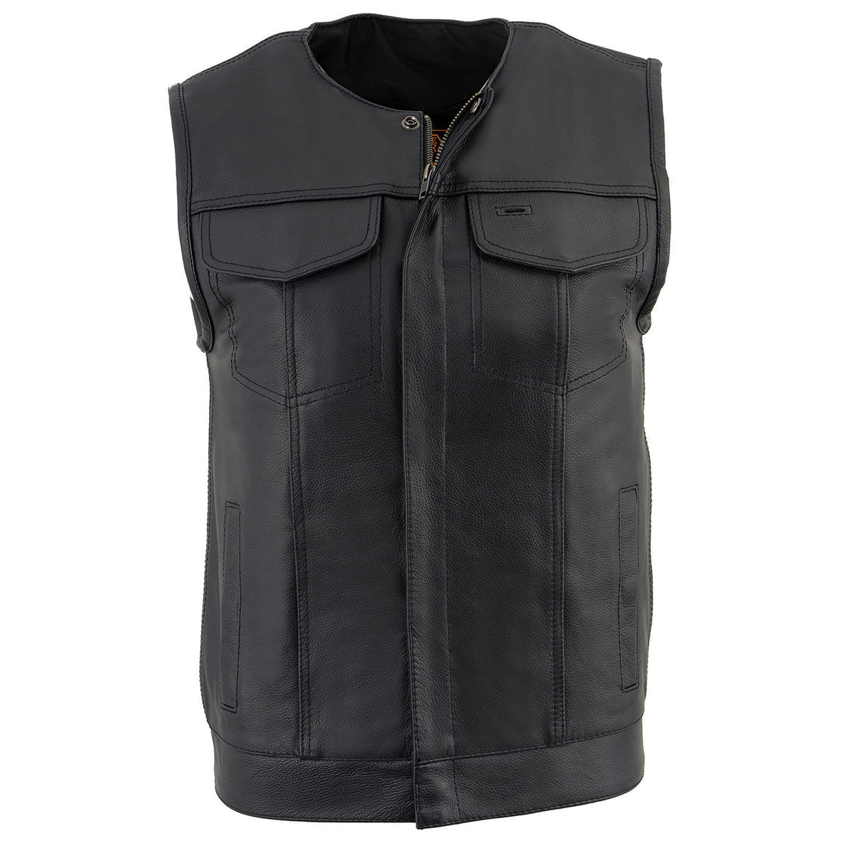 Milwaukee Leather LKM3711 Men's Black Leather Collarless Club Style Motorcycle Rider Vest w/ Dual Front Closure