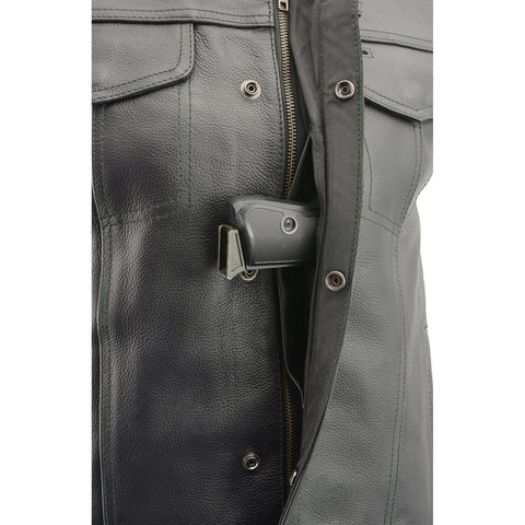 Milwaukee Leather LKM3713 Men's Leather Open Neck Snap and  Zip Front Club Style Vest with External Gun Pocket - Milwaukee Leather Mens Leather Vests