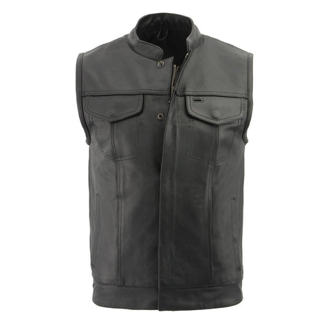 Milwaukee Leather LKM3713 Men's Leather Open Neck Snap and  Zip Front Club Style Vest with External Gun Pocket - Milwaukee Leather Mens Leather Vests