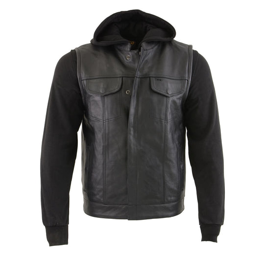 Milwaukee Leather LKM3714 Men's Black Leather Club Style Zipper Front Vest with Full Sleeve Hoodie and Quick Draw Pocket - Milwaukee Leather Mens Leather Vests