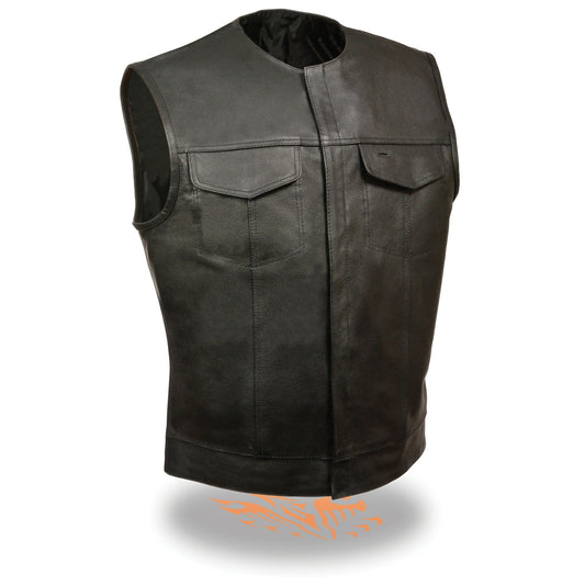 Milwaukee Leather LKM3721 Men's Black Leather Collarless Concealed Snap Closure Club Vest - Milwaukee Leather Mens Leather Vests