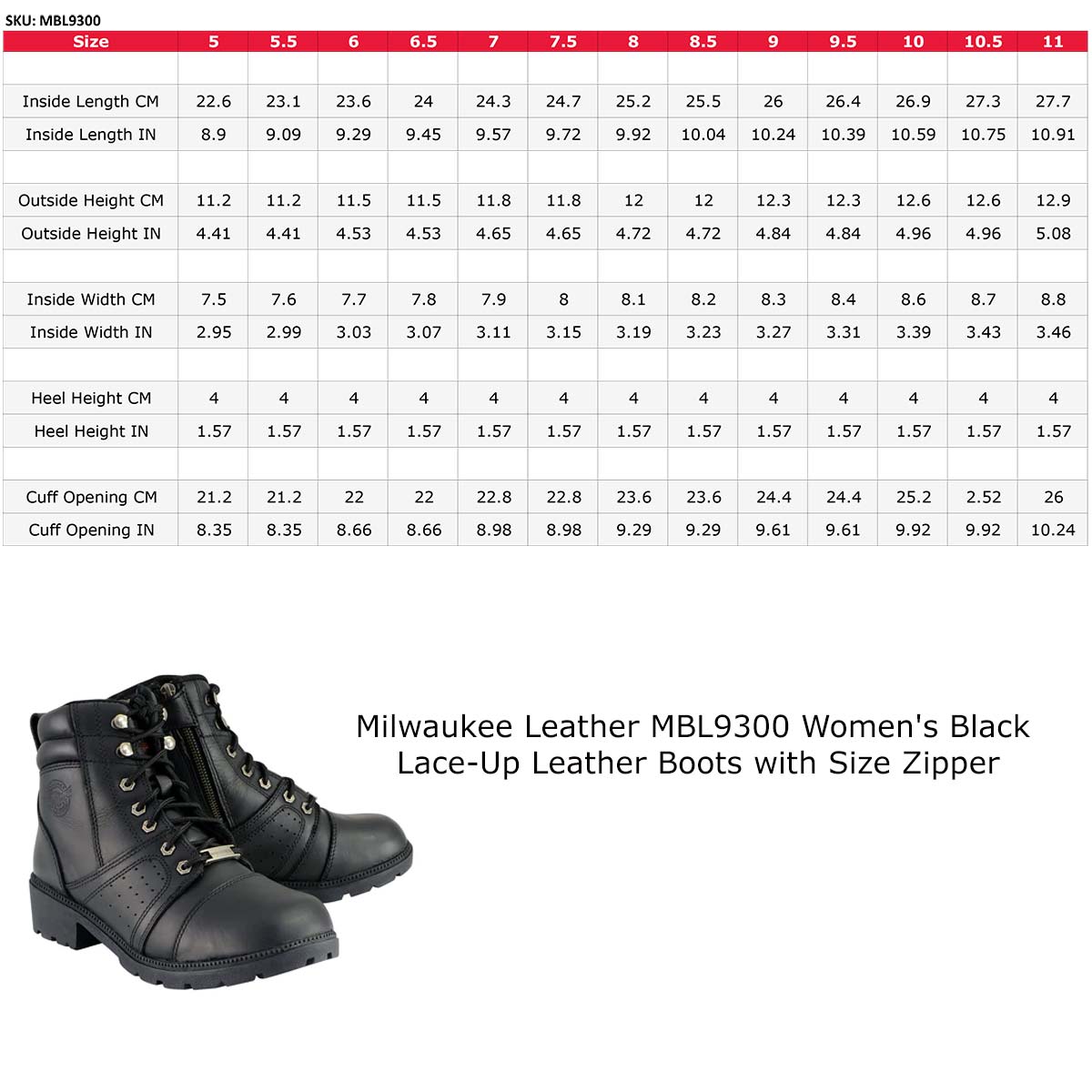 Milwaukee Leather MBL9300 Women's Black Lace-Up Leather Boots with Size Zipper