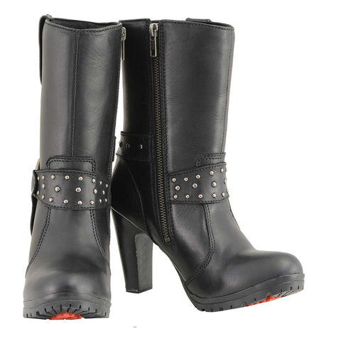 Milwaukee Leather MBL9303 Women's Black Leather Harness Boots with Block Heel