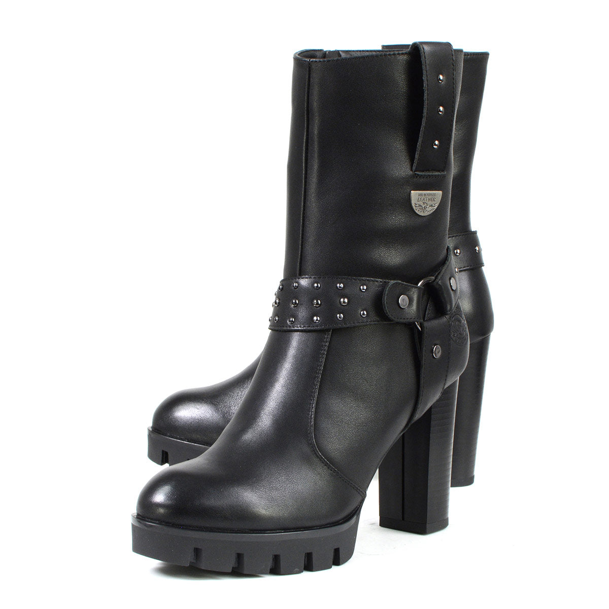 Milwaukee Leather MBL9303 Women's Black Leather Harness Boots with Block Heel