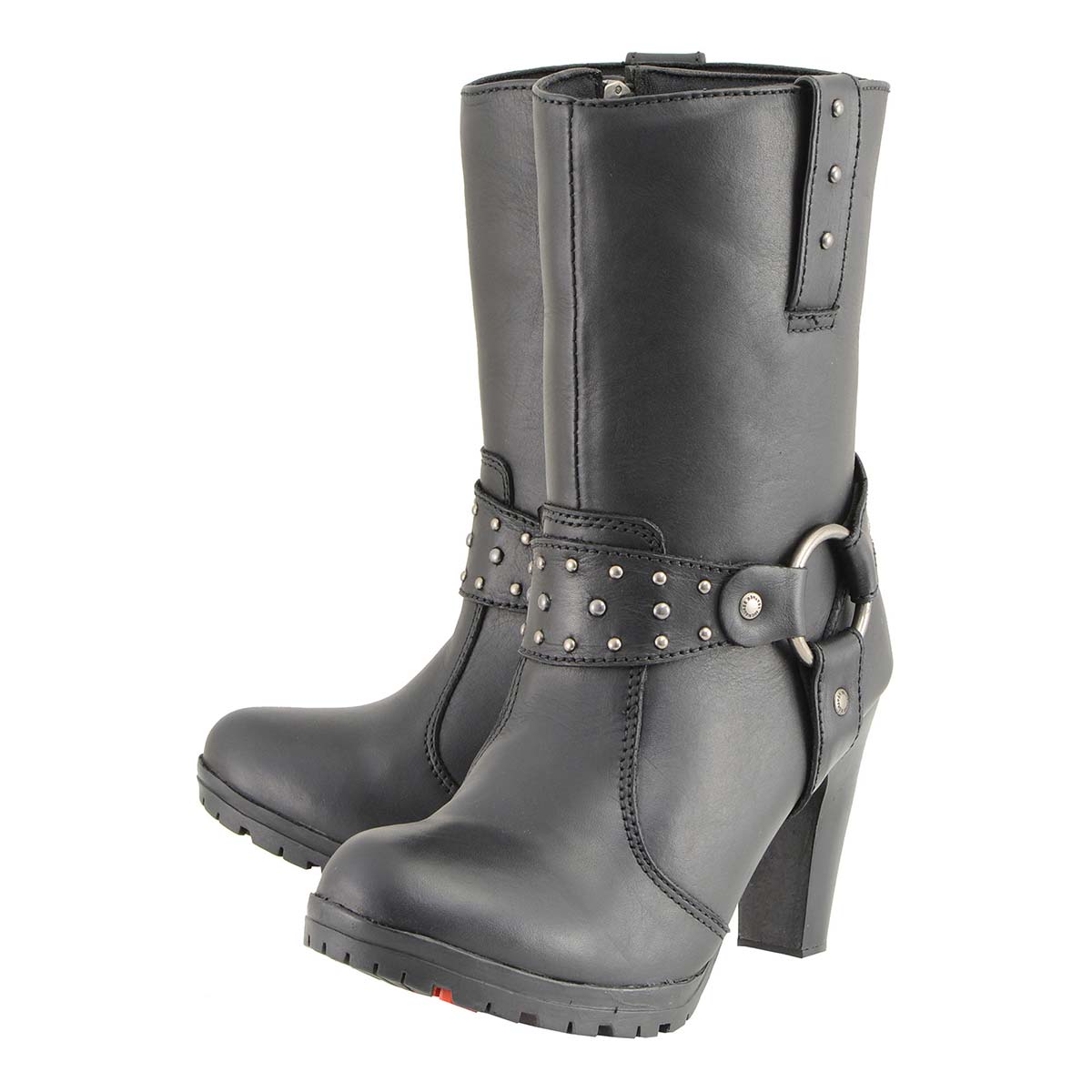 Milwaukee Leather MBL9303 Women's Black Leather Harness Boots with Block Heel