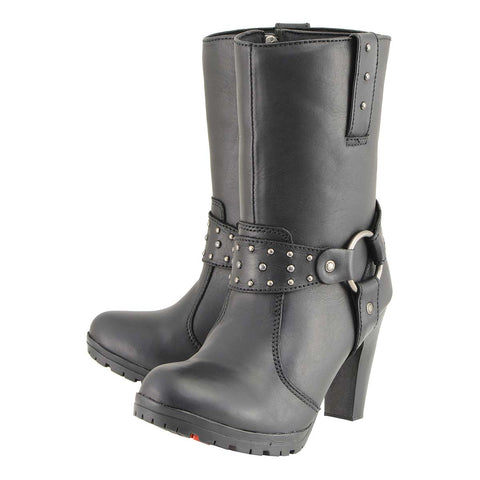 Milwaukee Leather MBL9303 Women's Black Leather Harness Boots with Block Heel