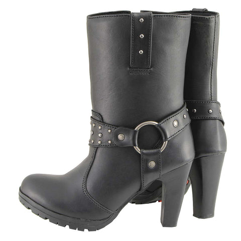 Milwaukee Leather MBL9303 Women's Black Leather Harness Boots with Block Heel