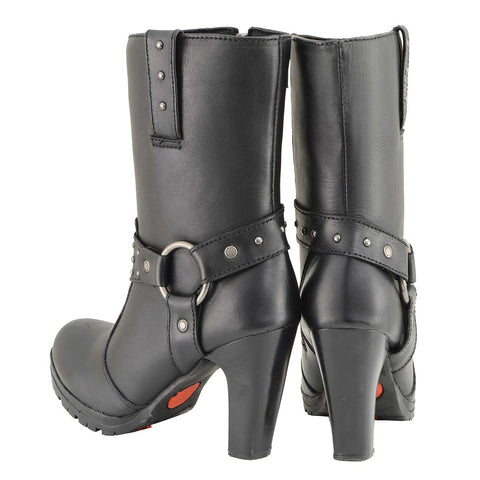 Milwaukee Leather MBL9303 Women's Black Leather Harness Boots with Block Heel