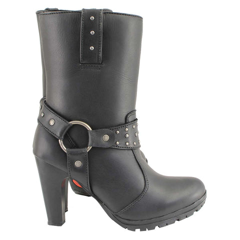 Milwaukee Leather MBL9303 Women's Black Leather Harness Boots with Block Heel