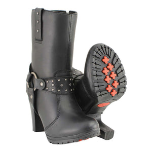 Milwaukee Leather MBL9303 Women's Black Leather Harness Boots with Block Heel