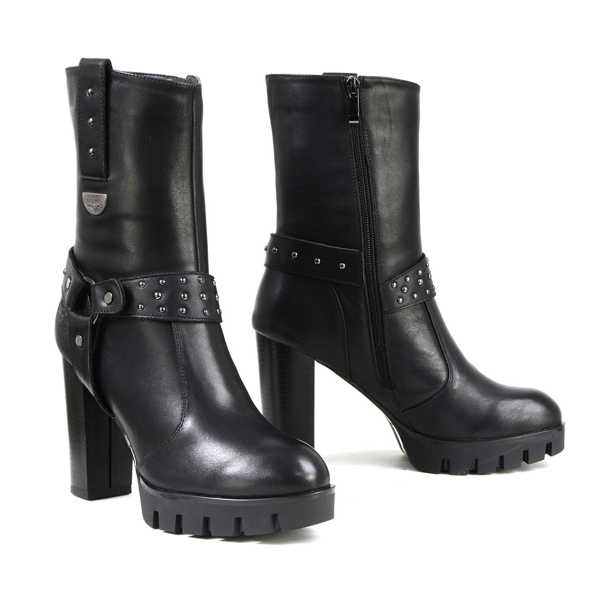 Milwaukee Leather MBL9303 Women's Black Leather Harness Boots with Block Heel