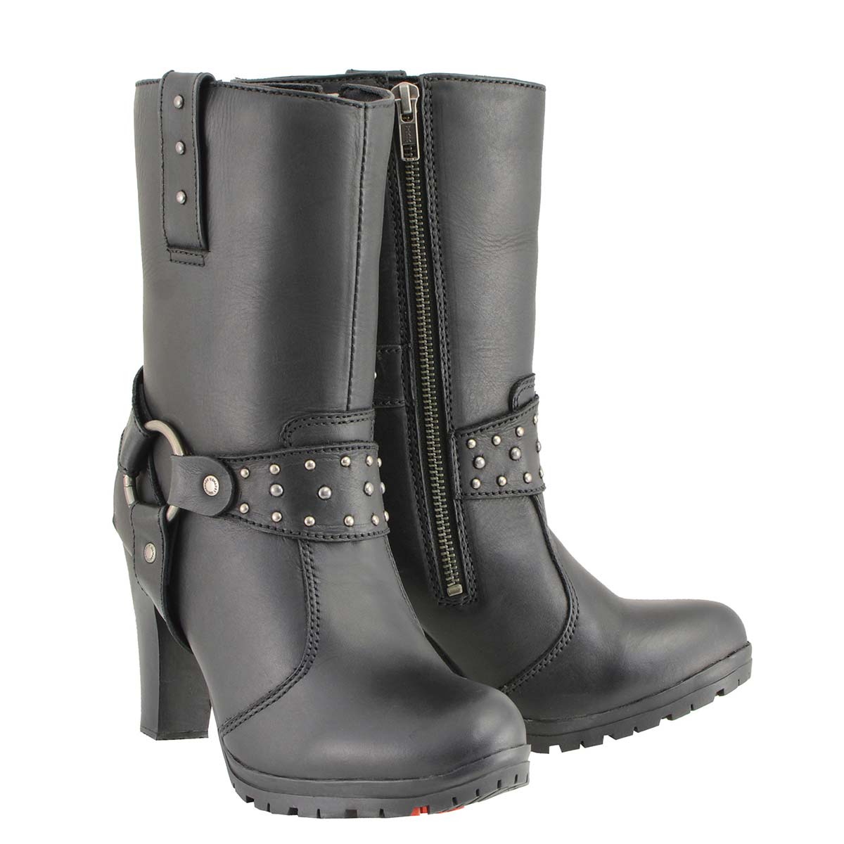 Milwaukee Leather MBL9303 Women's Black Leather Harness Boots with Block Heel