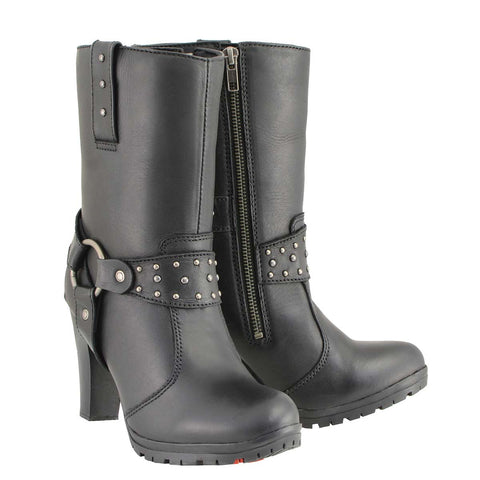 Milwaukee Leather MBL9303 Women's Black Leather Harness Boots with Block Heel