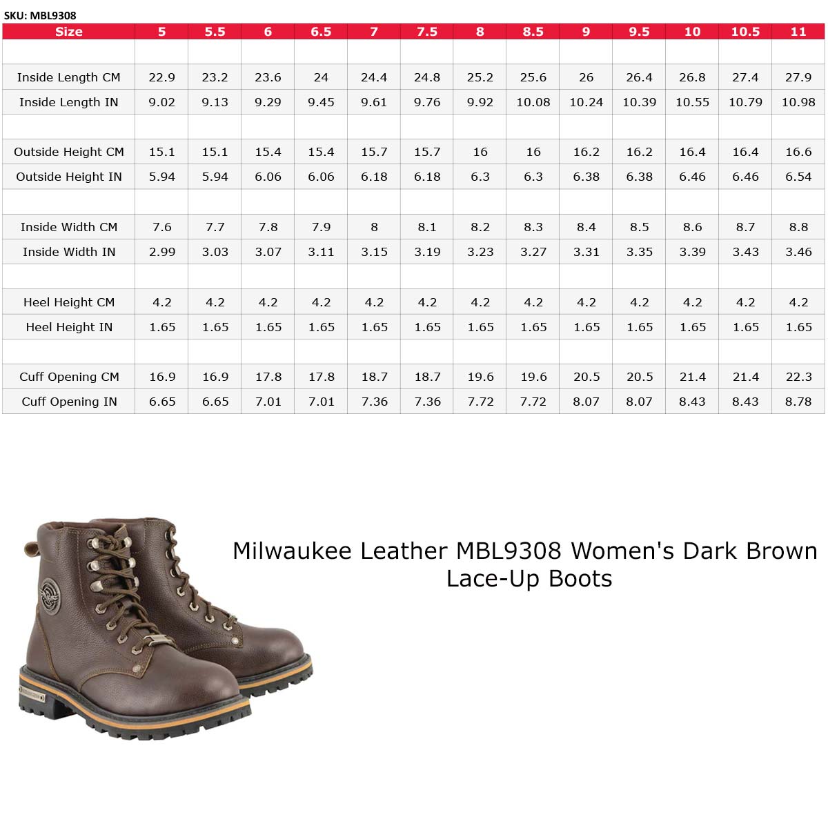 Milwaukee Leather MBL9308 Women's Dark Brown Lace-Up Boots