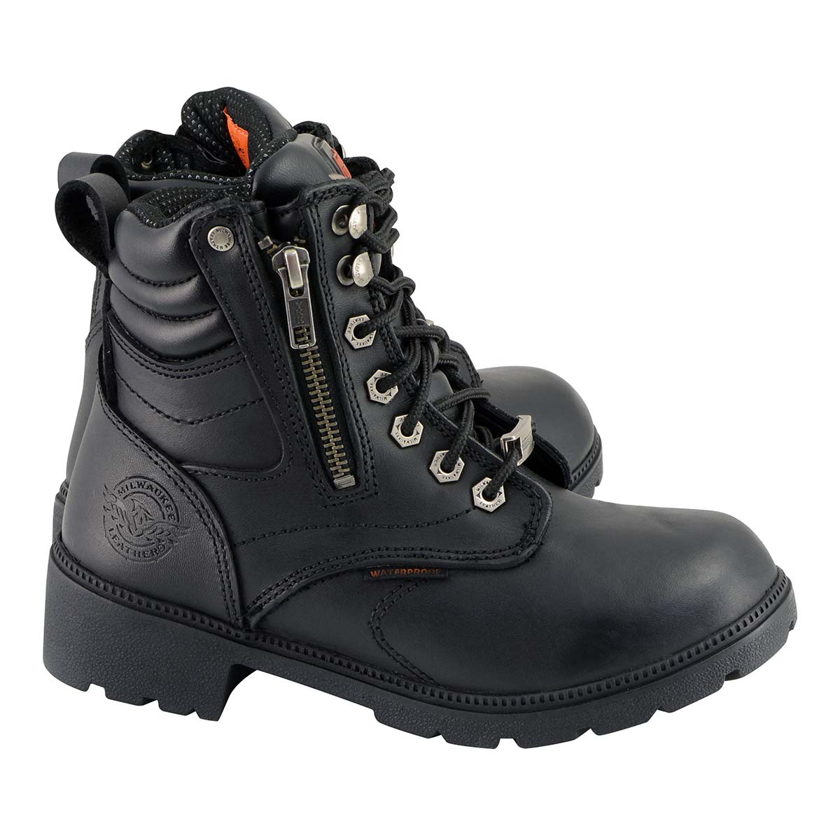 Milwaukee Leather MBL9321WP Women's Black Waterproof Lace-Up Boots with Side Zipper