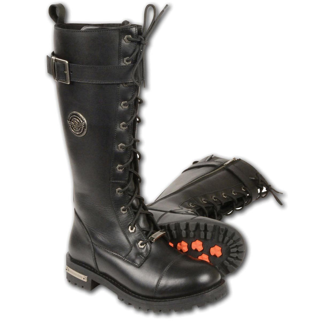 Milwaukee Leather MBL9355 Womens Black 14-inch Lace-Up High-Rise Leather Boots with Calf Buckle - Milwaukee Leather Womens Boots