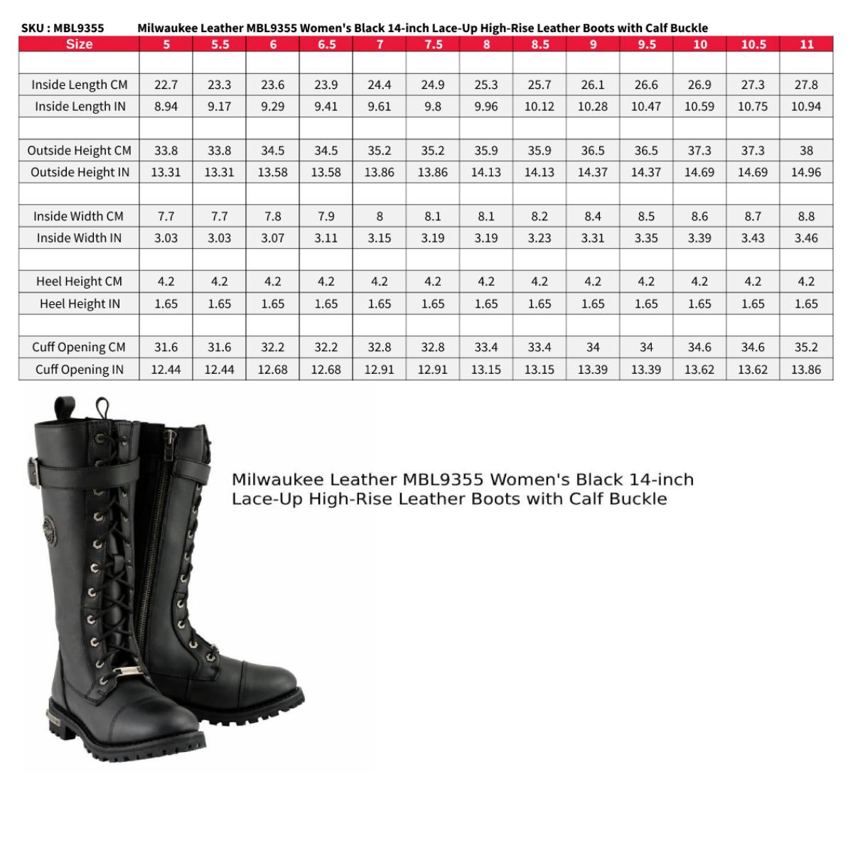 Milwaukee Leather MBL9355W Women's Wide Width Black 14 inch Lace-Up High Rise Leather Boots