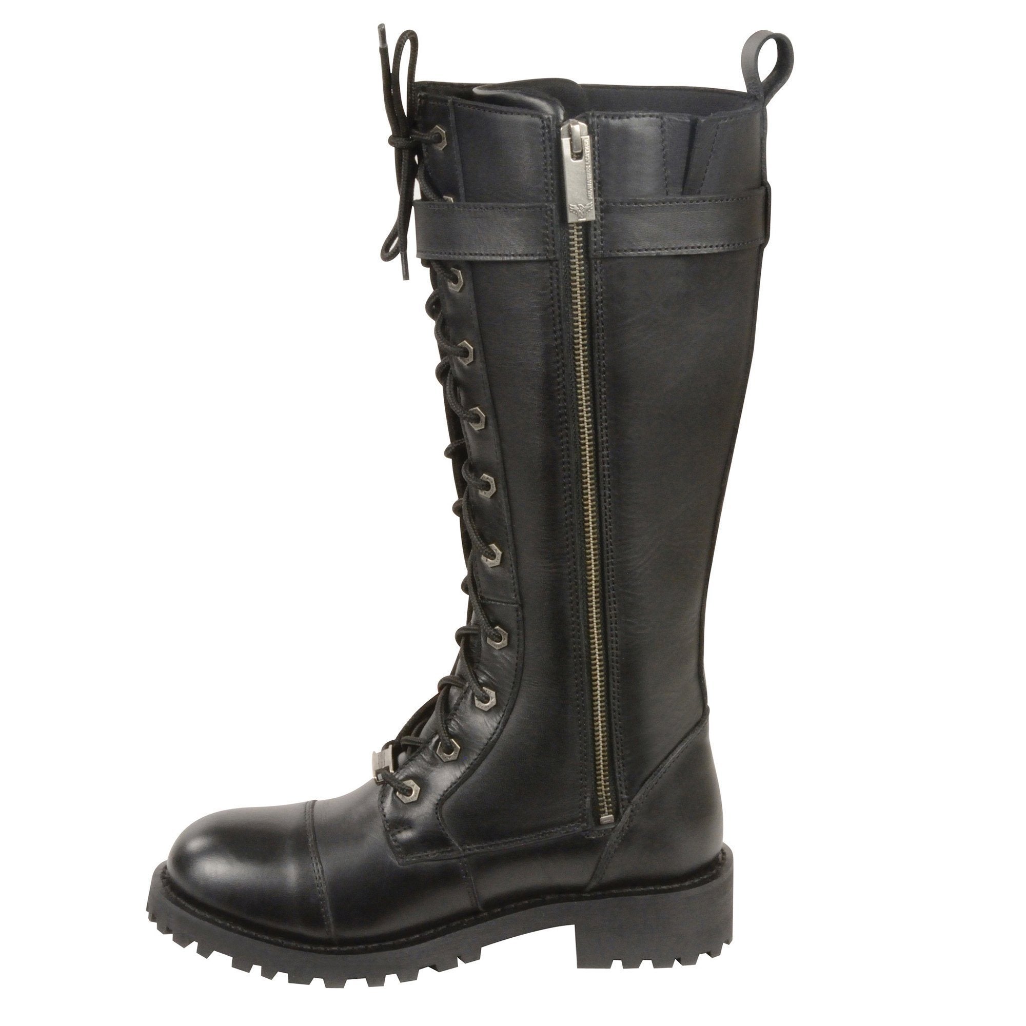 Milwaukee Leather MBL9355W Womens Wide Width Black 14 inch Lace-Up High Rise Leather Boots with Calf Buckle-Wide Width - Milwaukee Leather Womens Boots