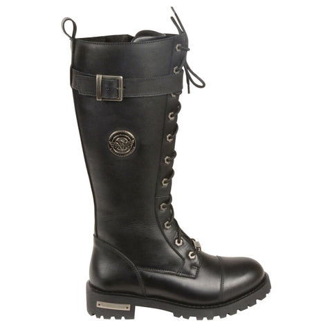 Milwaukee Leather MBL9355W Womens Wide Width Black 14 inch Lace-Up High Rise Leather Boots with Calf Buckle-Wide Width - Milwaukee Leather Womens Boots