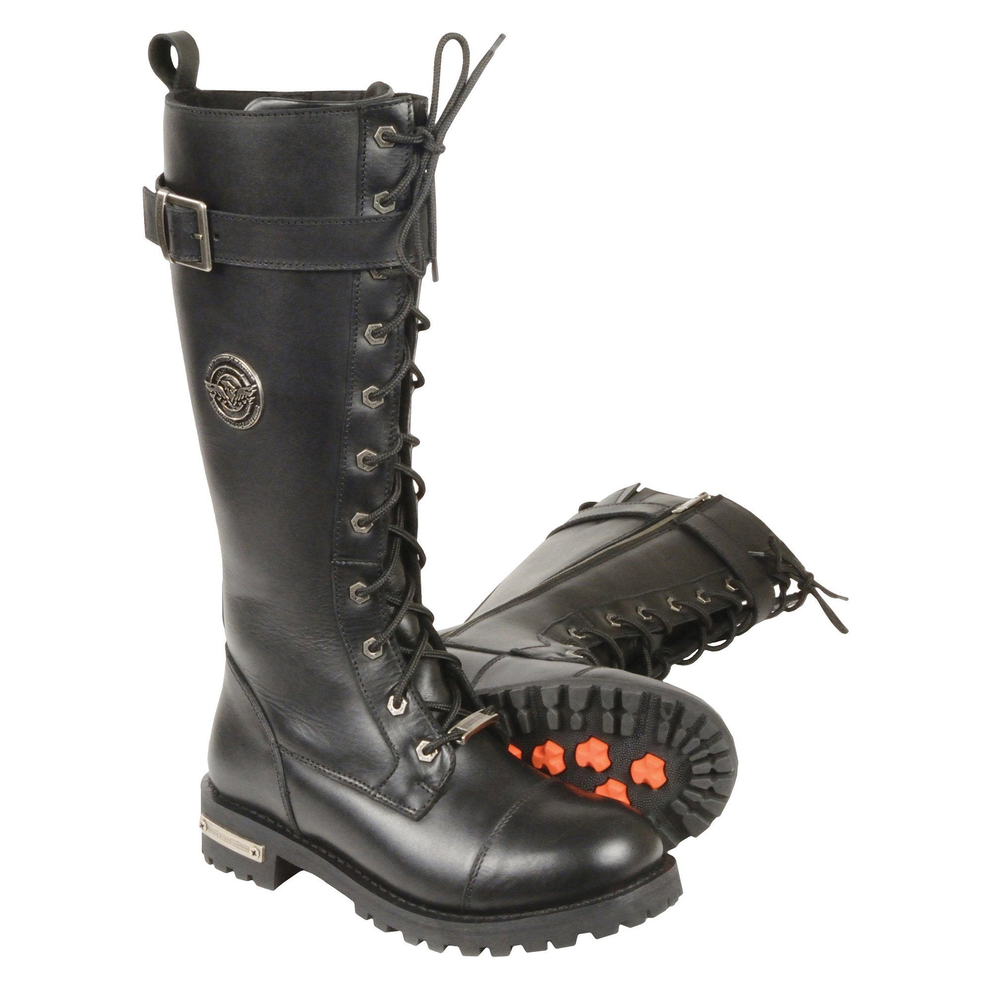 Milwaukee Leather MBL9355W Womens Wide Width Black 14 inch Lace-Up High Rise Leather Boots with Calf Buckle-Wide Width - Milwaukee Leather Womens Boots