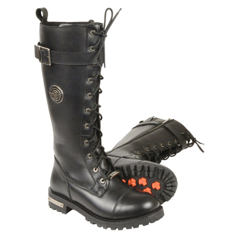 Milwaukee Leather MBL9355W Womens Wide Width Black 14 inch Lace-Up High Rise Leather Boots with Calf Buckle-Wide Width - Milwaukee Leather Womens Boots