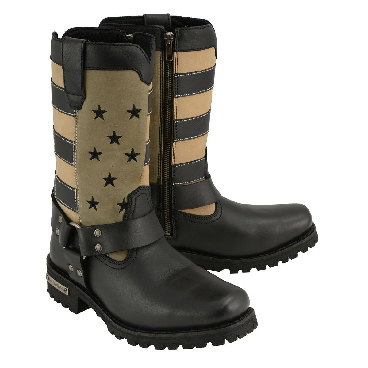 Milwaukee Leather MBL9363 Women’s ‘Stars and Stripes’ Black and Tan Harness Boots